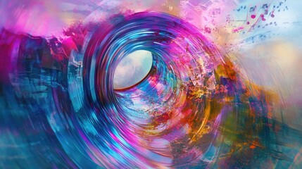 Poster - Virtual photo of swirling soundwaves and musical notes, blending into a vivid digital art background with bold colors and aesthetic beauty.