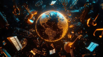 Poster - A globe surrounded by glowing music notes and various musical instruments, captured in high resolution to celebrate the spirit of International Music Day.