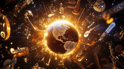 Poster - A globe surrounded by glowing music notes and various musical instruments, captured in high resolution to celebrate the spirit of International Music Day.