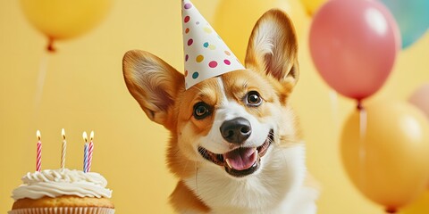 Wall Mural - Adorable corgi dog celebrating a birthday with a party hat smiling expressively next to a birthday cake colorful cupcakes and festive balloons A cheerful pet portrait in a celebratory scene