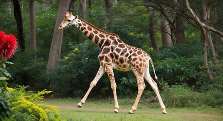 A vibrant spotted giraffe strolling through a dense forest with bright flora around