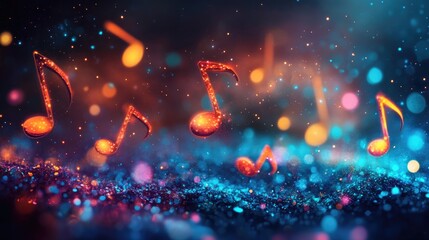Poster - A vibrant shot of glowing music notes dancing in the sky, symbolizing the global celebration of International Music Day, with colorful lights and abstract backgrounds.