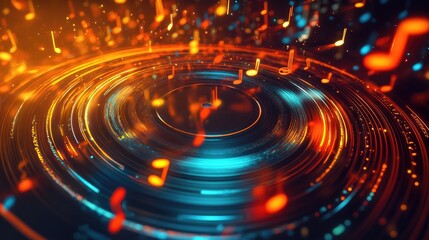 Poster - abstract digital design of glowing music notes radiating from a vinyl record, with light trails and 