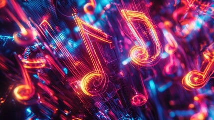 Poster - Close-up high-res shot of glowing music notes and instruments, radiating vibrant energy in celebration of International Music Day.