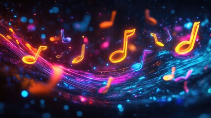 Poster - digital art featuring a cascade of music notes glowing in neon colors, flowing across a dark backgro