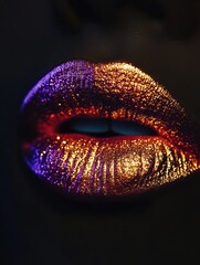 Aufkleber - Glassy, vibrant lips with a shimmering finish showcasing a striking beauty detail in a close-up view at an evening event. Generative AI