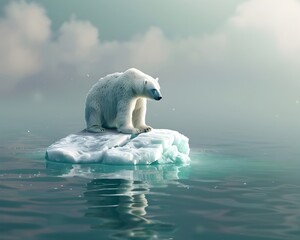 Polar Bear Stranded on Melting Ice Floe in Global Warming Concept