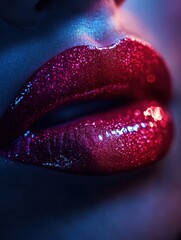 Poster - Close-up of vibrant glossy lips with a shiny finish under artistic lighting in a contemporary setting. Generative AI