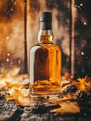 Aufkleber - A close-up view of an amber whiskey bottle surrounded by autumn leaves and pine cones on a rustic wooden surface. Generative AI
