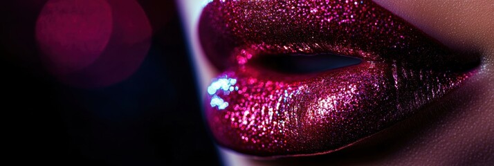 Poster - Close-up of glossy lips showcasing a vibrant, shiny finish in a dimly lit setting during an evening beauty event. Generative AI
