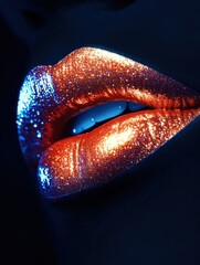 Poster - Close-up of glossy, shiny lips with vibrant sheen against a dark background, showcasing a bold color and striking texture. Generative AI