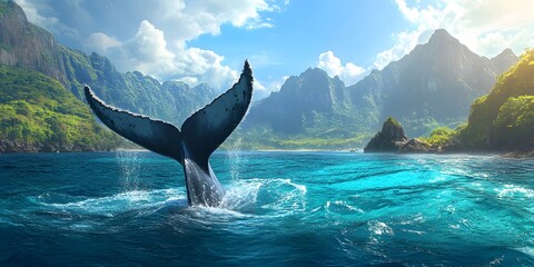 Majestic whale tail breaching under a bright blue sky with crystal clear ocean and sunlit water droplets Vivid turquoise sea and distant mountains capture a serene vibrant seascape