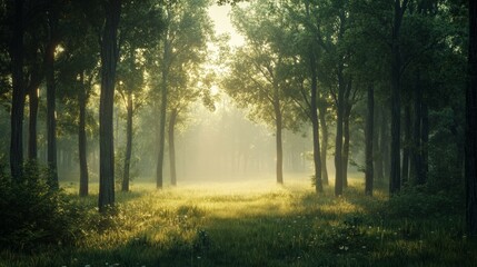 A tranquil forest at dawn, with light mist lingering among the trees and faint sunlight filtering through