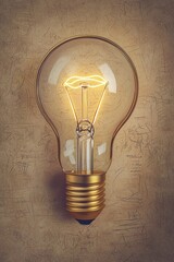 Wall Mural - A lightbulb illuminated, set against a soft, textured paper background, symbolizing detailed research