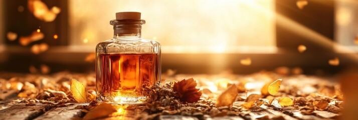 Poster - Golden whiskey bottle glows warmly amidst scattered autumn leaves in a softly lit indoor space during the evening. Generative AI
