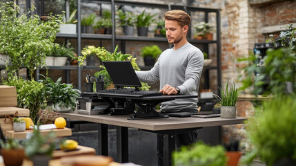 Aufkleber - A young man utilizes a standing desk while surrounded by greenery in a modern indoor garden, focusing on his tasks amid the plants