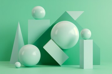 Wall Mural - A green background with a collection of different sized spheres and cubes