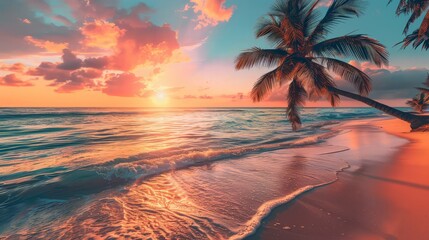 Wall Mural - Bright sunrise over the Red Sea, Egypt. Palm trees stand out against the colorful sky.