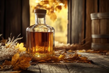 Aufkleber - A close-up view of a whiskey bottle surrounded by autumn leaves in a rustic setting with warm colors capturing the essence of fall. Generative AI