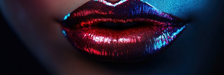 Aufkleber - Close-up of glossy, vibrant lips with a shiny finish illuminated in bright colors against a dark background. Generative AI
