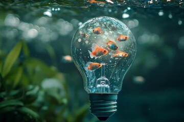 A lightbulb submerged in water, with tiny fish swimming inside it