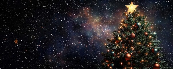 Nighttime scene of a Christmas tree decorated with lights and ornaments, set against a backdrop of stars