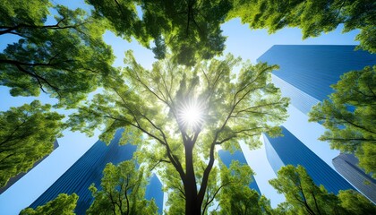 Wall Mural - Urban harmony: skyscrapers embraced by vibrant trees under a brilliant sun