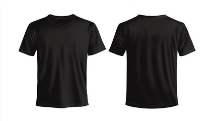 This is a design template for a plain black t-shirt. It shows both the front and back views, isolated on a white background. You can use it to show how your designs would look on a shirt.