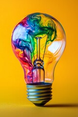 Wall Mural - A lightbulb with a rainbow swirling inside, colors blending and shifting, representing the vibrant spectrum of ideas and how they evolve