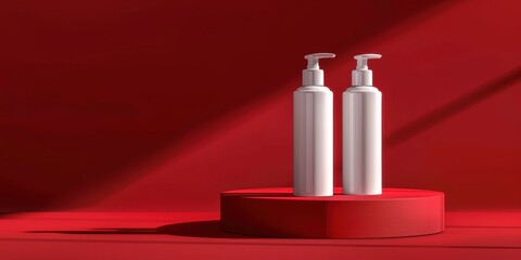 Two White Pump Bottles on Red Platform