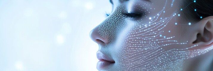 Fototapete - Abstract representation of skincare techniques featuring glowing lines and dots on a woman's face in a serene environment. Generative AI