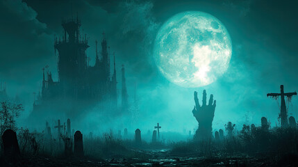 A haunting graveyard features a large moon illuminating a dark castle, while a ghostly hand reaches up from the ground among ancient tombstones