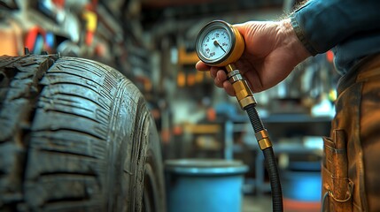 Close-Up of Tire Pressure Gauge A hyper-realistic image focusing on a mechanic's hand gripping a tire pressure gauge, poised to check the pressure on a tire. 