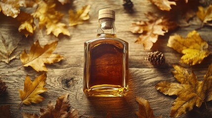 Poster - Close-up of a whiskey bottle surrounded by autumn leaves on a rustic wooden surface, capturing a warm seasonal moment. Generative AI
