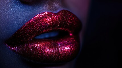 Poster - Close-up of glossy, vibrant lips showcasing a shiny finish under soft lighting in an artistic beauty setting. Generative AI