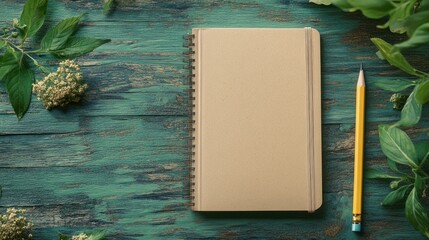 Blank Notebook and Pencil on a Rustic Green Wood Background