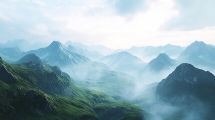 Poster - Scenic Mountain Landscape with Mist and Soft Light