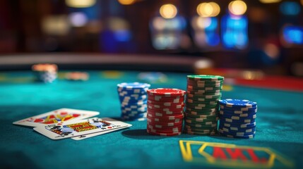Fototapete - A lively casino table bustling with colorful poker chips and playing cards during a thrilling evening of gaming excitement. Generative AI