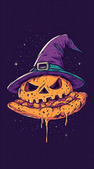 Pumpkin and pizza with Halloween hat