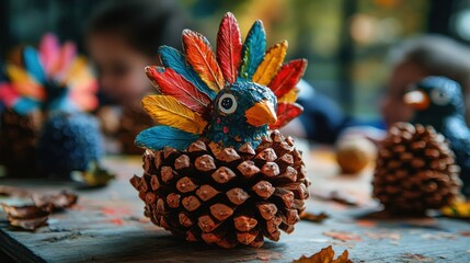 Wall Mural - DIY Thanksgiving crafts, hand-painted pinecone turkeys with colorful feathers