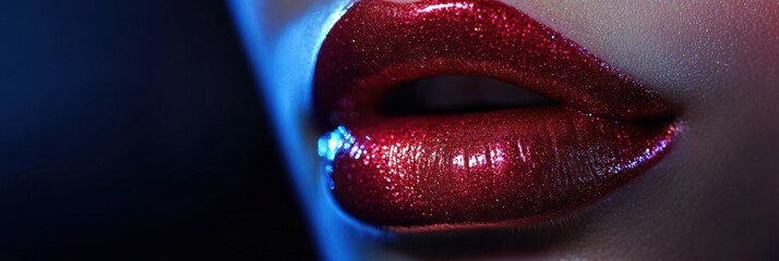 Poster - Close-up view of glossy lips showcasing a vibrant and shiny finish under soft lighting in a beauty setting. Generative AI