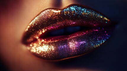 Poster - Close-up of glossy lips showcasing vibrant colors with a shiny finish illuminated in soft light. Generative AI