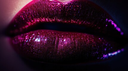 Aufkleber - Close-up of glossy lips glistening in vibrant hues showcasing a stunning makeup look against a dark backdrop. Generative AI