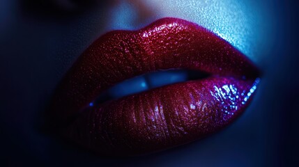 Poster - Close-up of glossy lips showcasing a vibrant, shiny finish in an artistic lighting setup emphasizing texture and color. Generative AI