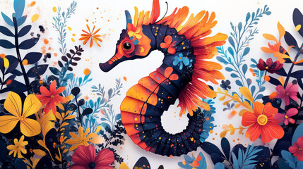 A colorful picture of a seahorse swimming among flowers and leaves. The background is white.