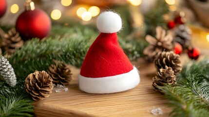 Wall Mural - Festive Christmas Hat Surrounded by Pine Cones and Twinkling Lights