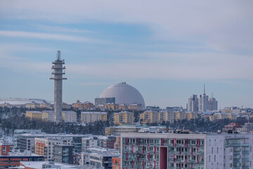 Panorama, the Globen area with the Aviici arena, a snowy day in Stockholm