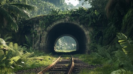 A dilapidated, deserted railroad tunnel situated within an abundant tropical vegetation