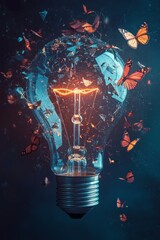 Wall Mural - A shattered lightbulb with glowing shards, each fragment turning into a butterfly, symbolizing transformation and the flight of ideas from broken concepts. 