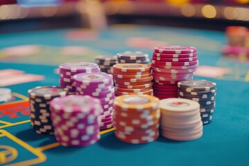 A vibrant casino table displays colorful stacks of poker chips during an exciting game night filled with anticipation. Generative AI